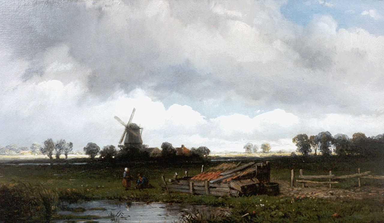 Wijngaerdt A.J. van | Anthonie Jacobus van Wijngaerdt, Landschap met molen, olieverf op paneel 15,5 x 26,4 cm, gesigneerd rechtsonder