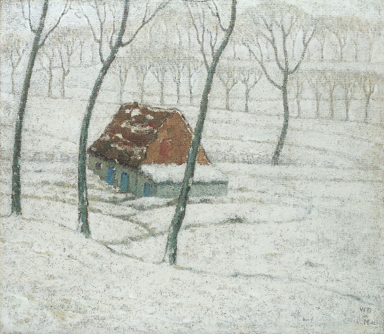 Degouve de Nuncques W.  | William Degouve de Nuncques, Boerderij in de sneeuw, olieverf op doek 49,0 x 56,0 cm, gesigneerd rechtsonder met mon en gedateerd '12