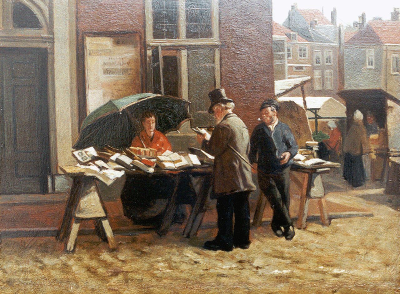 Theo Mesker | Boekenmarkt bij de Boterwaag, Den Haag, olieverf op paneel, 21,3 x 28,8 cm