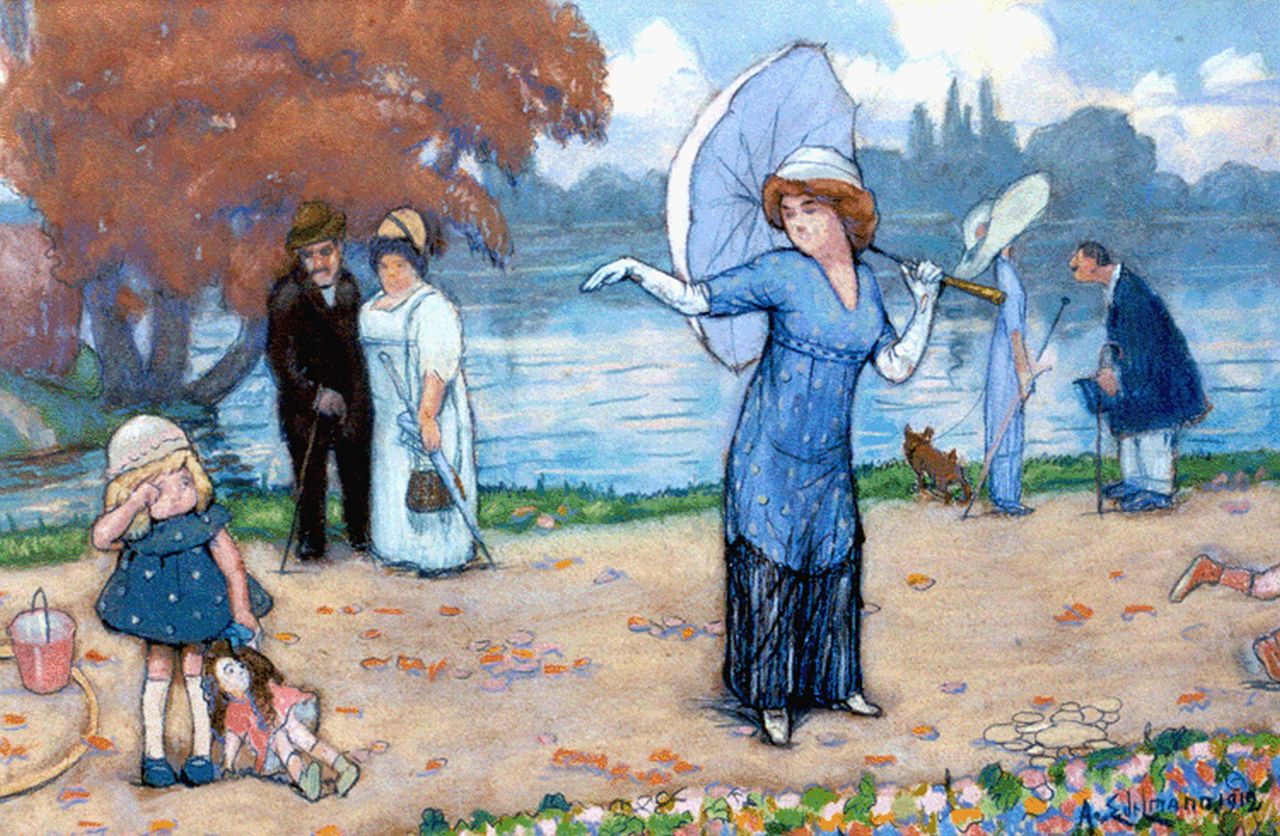 Edelmann C.A.  | Charles Auguste Edelmann, Zomermiddag in het park, pastel op papier 37,2 x 52,3 cm, gesigneerd rechtsonder en gedateerd 1912