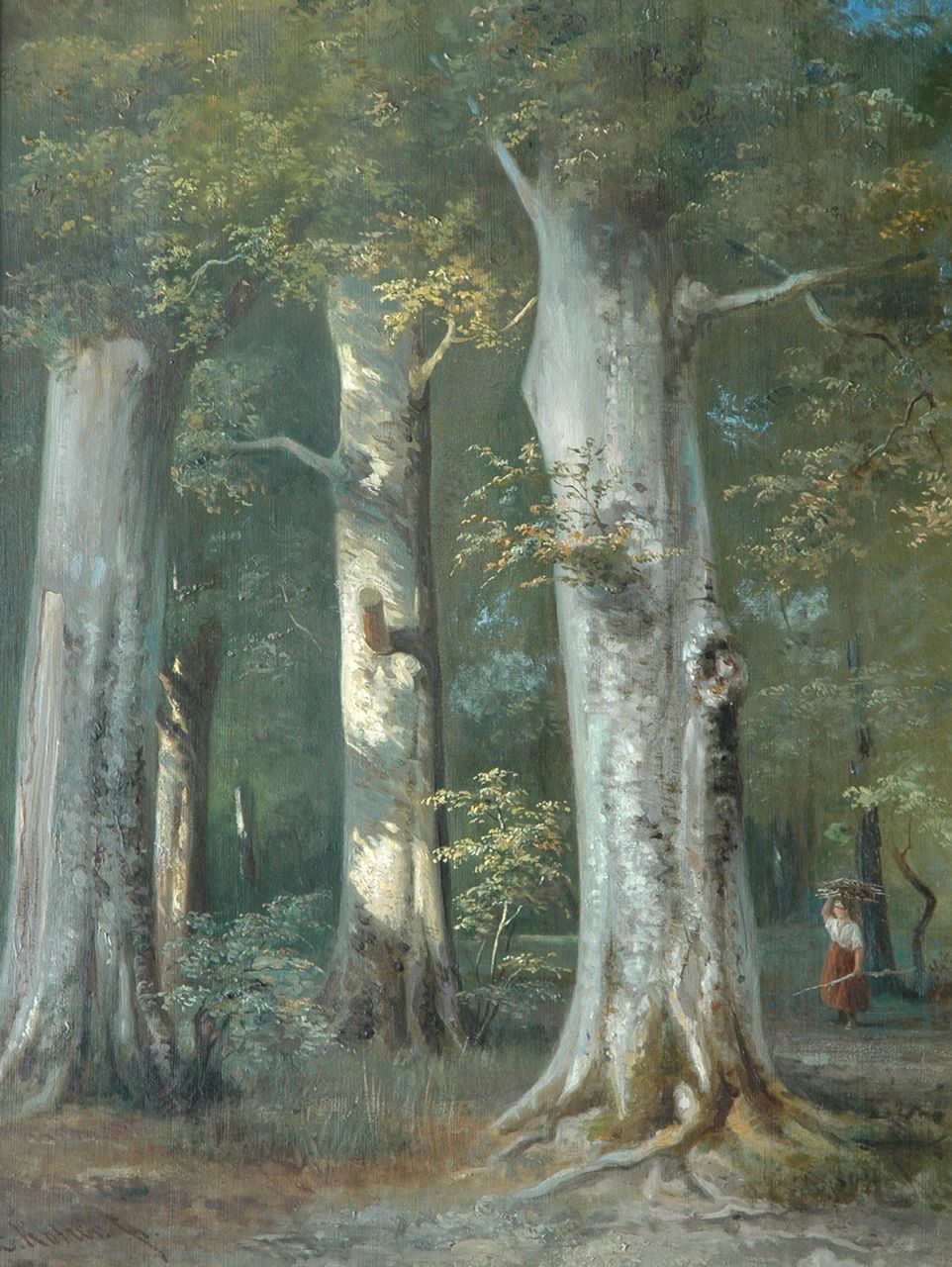 Koster E.  | Everhardus Koster, Het landmeisje in het bos (verloren gegaan bij brand in Armando Museum, 22.10.2007), olieverf op doek 67,4 x 53,0 cm, gesigneerd linksonder