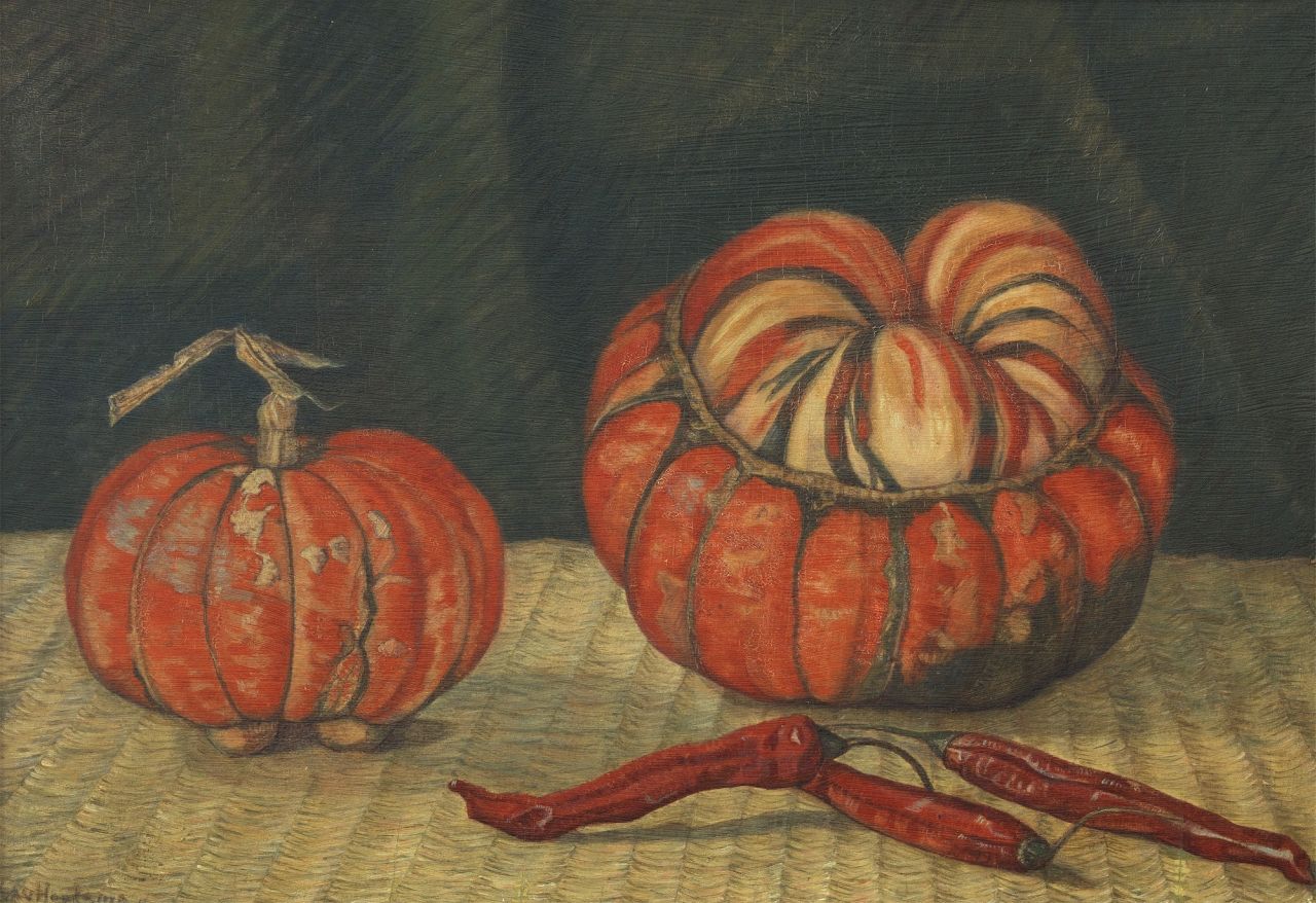 Hoijtema A.A. van | Antoinette Agathe van Hoijtema, Stilleven van pompoenen en pepers, olieverf op paneel 26,6 x 38,6 cm, gesigneerd linksonder en gedateerd '16