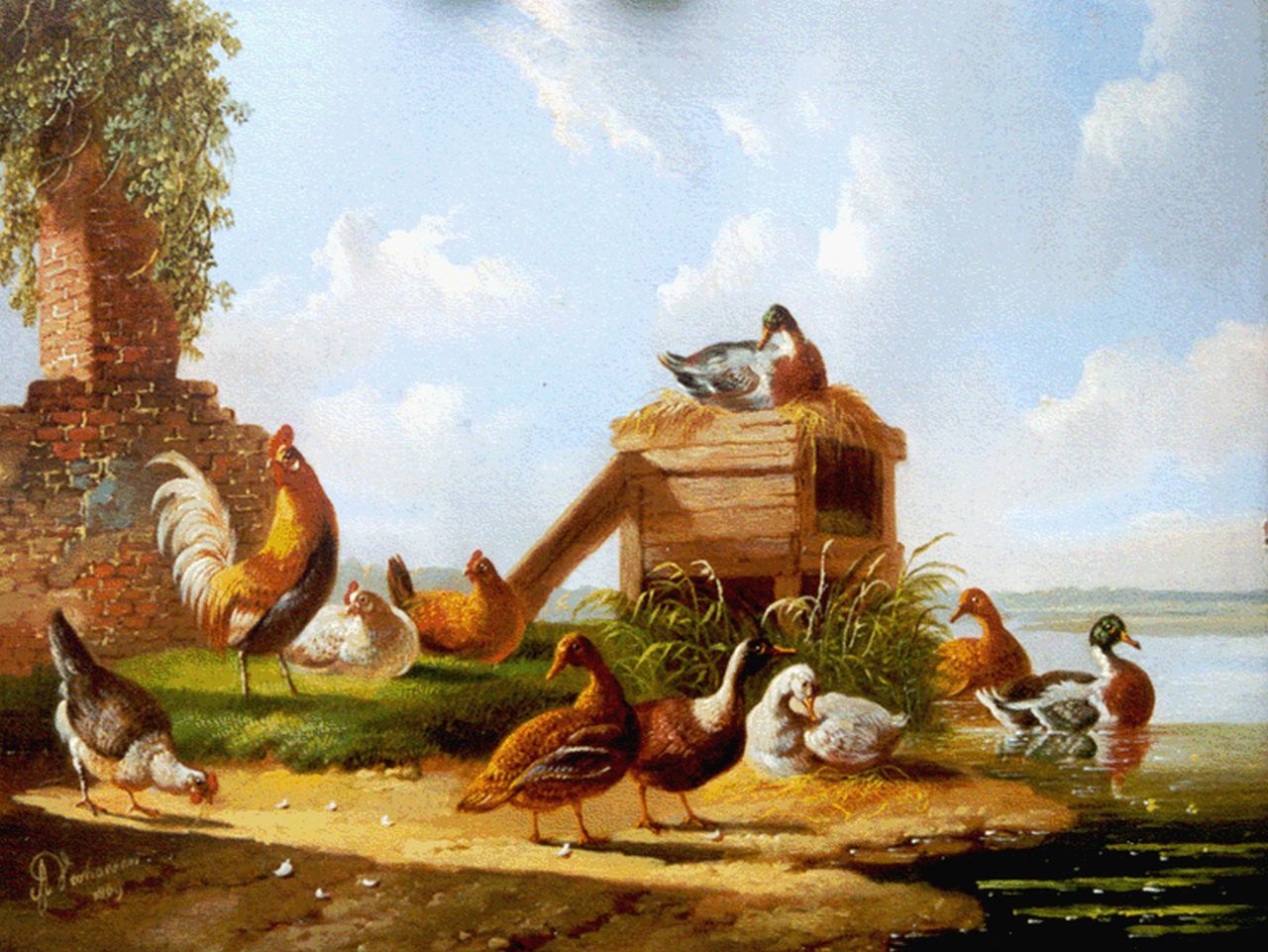 Verhoesen A.  | Albertus Verhoesen, Kippen en eenden langs de waterkant, olieverf op paneel 12,9 x 16,9 cm, gesigneerd linksonder en gedateerd 1869