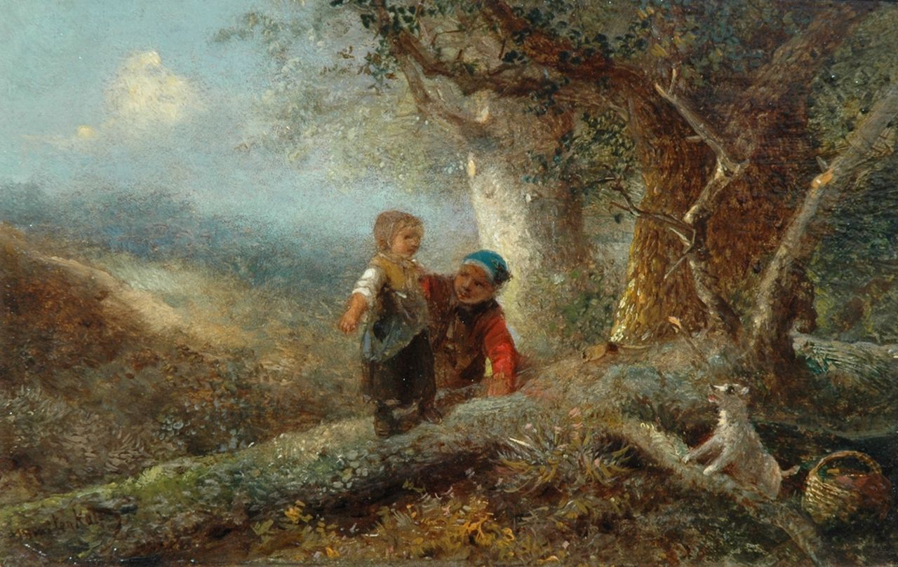 Kate J.M.H. ten | Johan 'Mari' Henri ten Kate, Spelende kinderen in het bos, olieverf op paneel 11,9 x 18,4 cm, gesigneerd linksonder