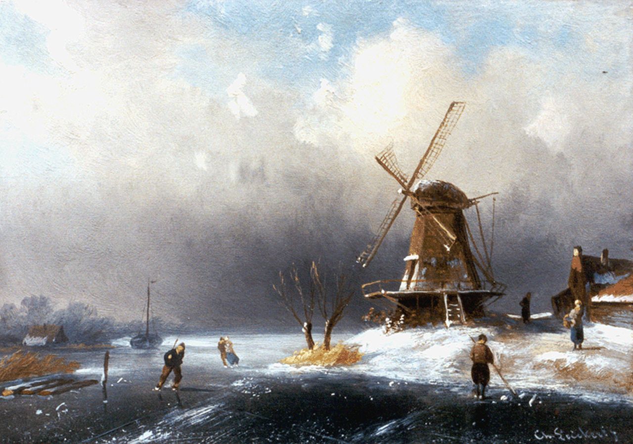 Leickert C.H.J.  | 'Charles' Henri Joseph Leickert, Winterlandschap met schaatsers bij een molen, olieverf op paneel 12,9 x 18,3 cm, gesigneerd rechtsonder