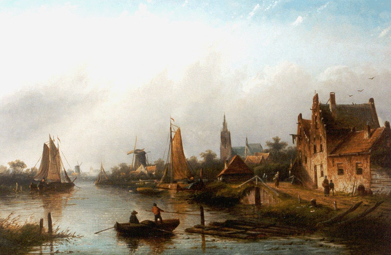Spohler J.J.C.  | Jacob Jan Coenraad Spohler, Stad langs een rivier, olieverf op doek 43,5 x 66,4 cm, gesigneerd rechtsonder