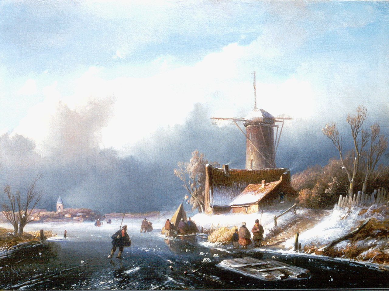Spohler J.J.  | Jan Jacob Spohler, Winterlandschap met schaatsers bij een molen, olieverf op paneel 26,5 x 36,0 cm, gesigneerd linksonder