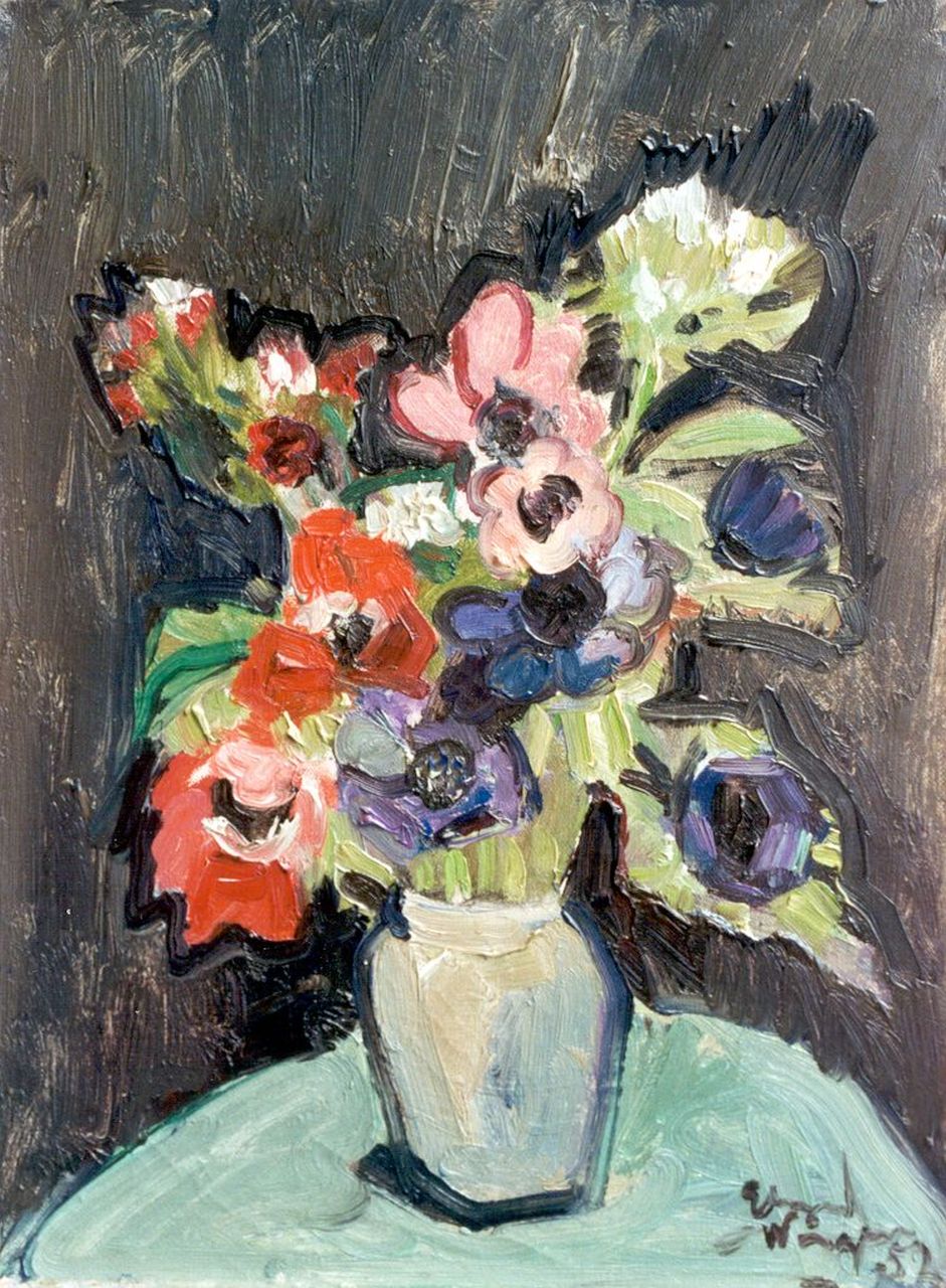 Wingen E.J.L.H.  | 'Edmond' Jean Leon Hubert Wingen, Anemonen in gipspotje, olieverf op doek 40,0 x 30,0 cm, gesigneerd rechtsonder en gedateerd '52