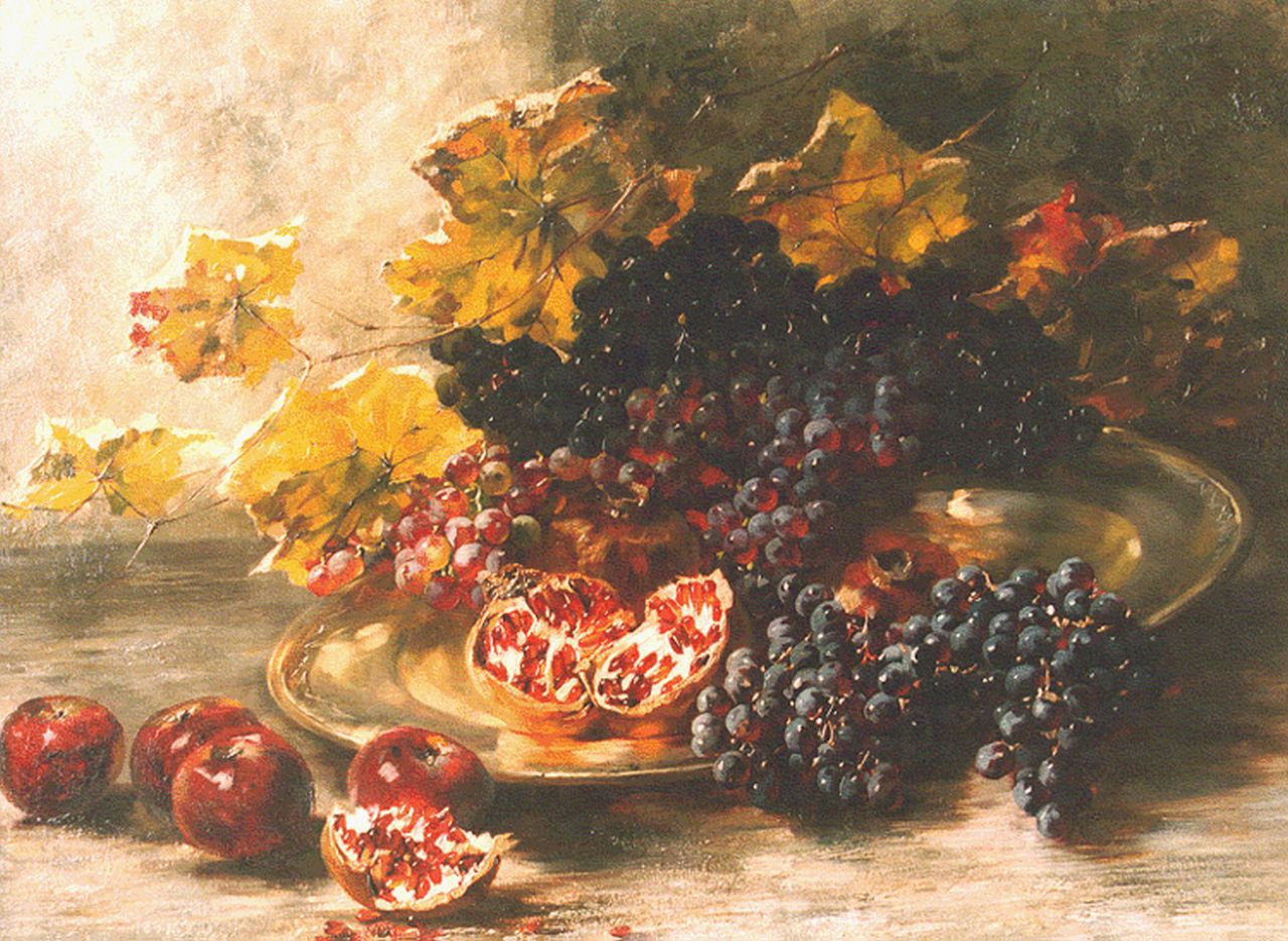 Schultheiss N.  | Natalie Schultheiss, Stilleven van druiven en granaatappels, olieverf op doek 61,5 x 82,0 cm, gesigneerd rechtsboven en gedateerd 1914