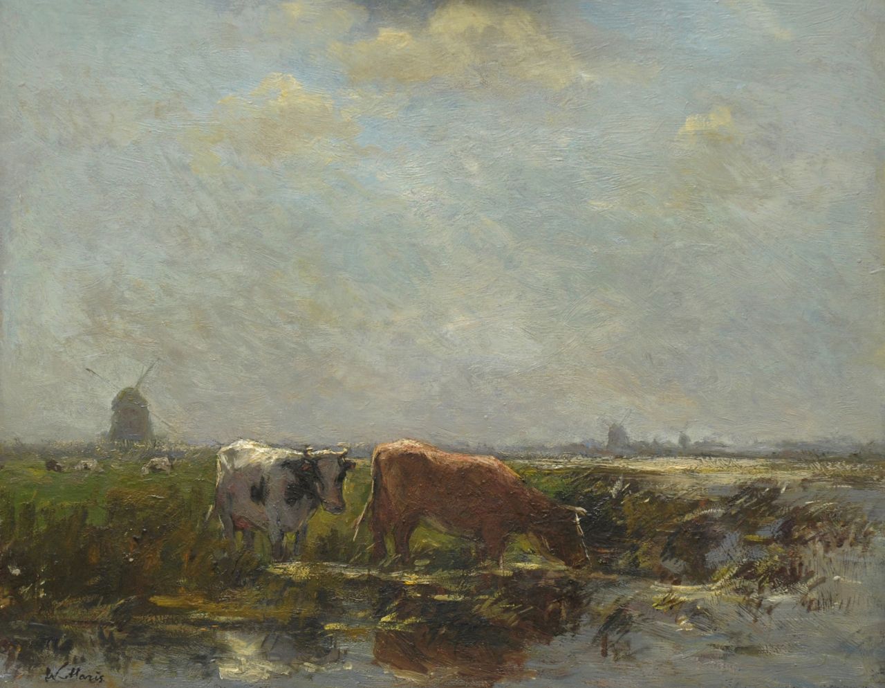 Maris W.  | Willem Maris, Polderlandschap met vee en molengang, olieverf op paneel 38,3 x 47,2 cm, gesigneerd linksonder
