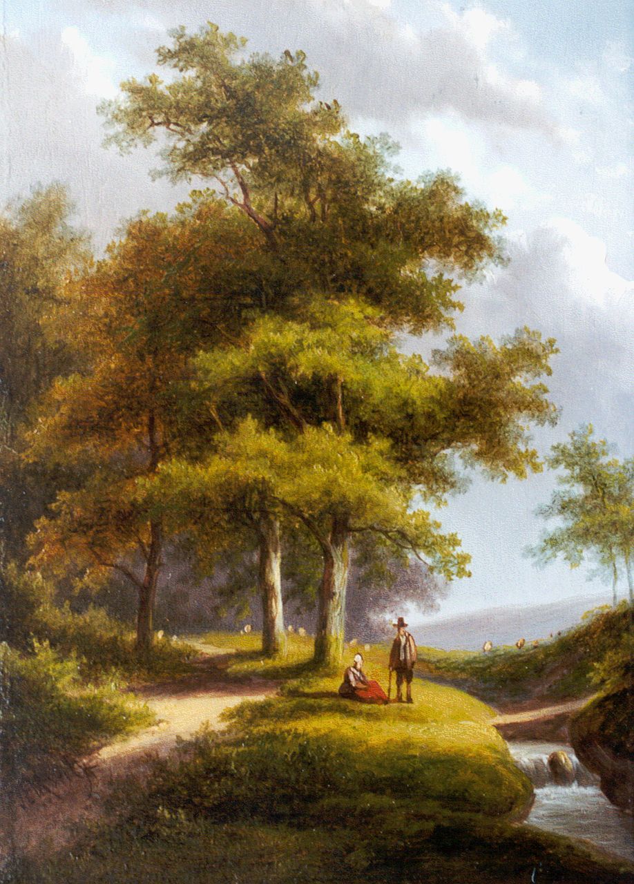 Morel II J.E.  | Jan Evert Morel II, Rustend landvolk bij een beek, olieverf op paneel 20,4 x 15,1 cm, gesigneerd linksonder