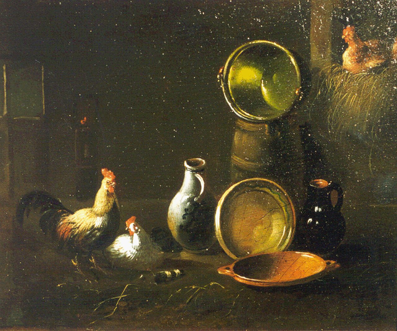 Verhoesen A.  | Albertus Verhoesen, Pluimvee en vaatwerk in een stal, olieverf op paneel 14,0 x 16,6 cm