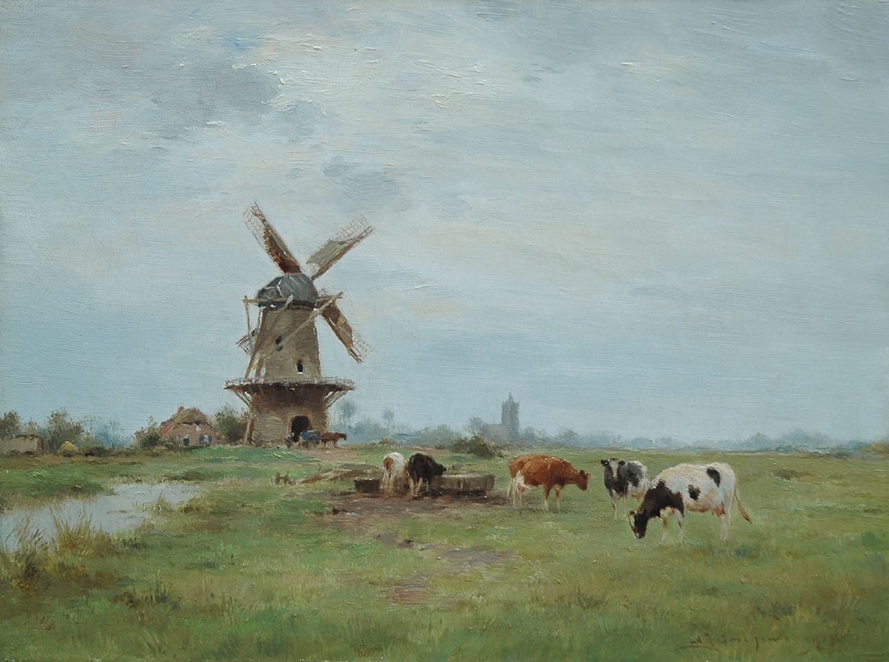 Groenewegen A.J.  | Adrianus Johannes Groenewegen, Polderlandschap met molen en vee, olieverf op doek 30,4 x 40,4 cm, gesigneerd rechtsonder