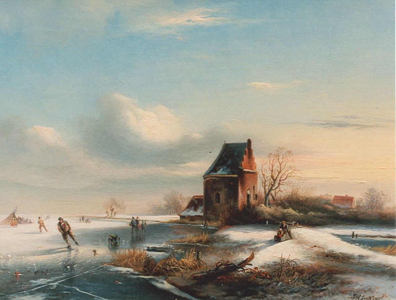 Sijpkens F.H.  | Ferdinand Hendrik Sijpkens, Hollandse winter met ijsvertier, olieverf op paneel 23,0 x 30,0 cm, gesigneerd rechtsonder