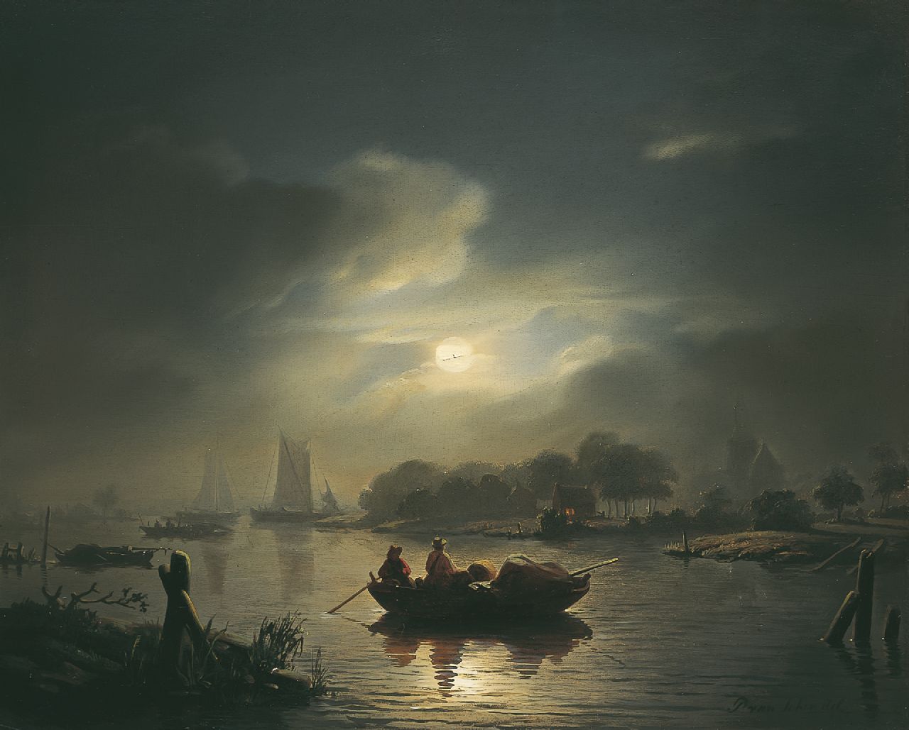 Schendel P. van | Petrus van Schendel, Riviergezicht bij maanlicht, olieverf op paneel 31,9 x 40,0 cm, gesigneerd rechtsonder en gedateerd '46