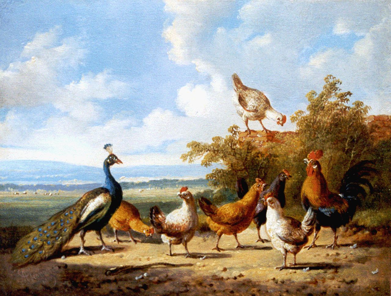 Verhoesen A.  | Albertus Verhoesen, Landschap met pluimvee en een pauw, olieverf op paneel 14,6 x 19,1 cm, gesigneerd linksonder en gedateerd 1879