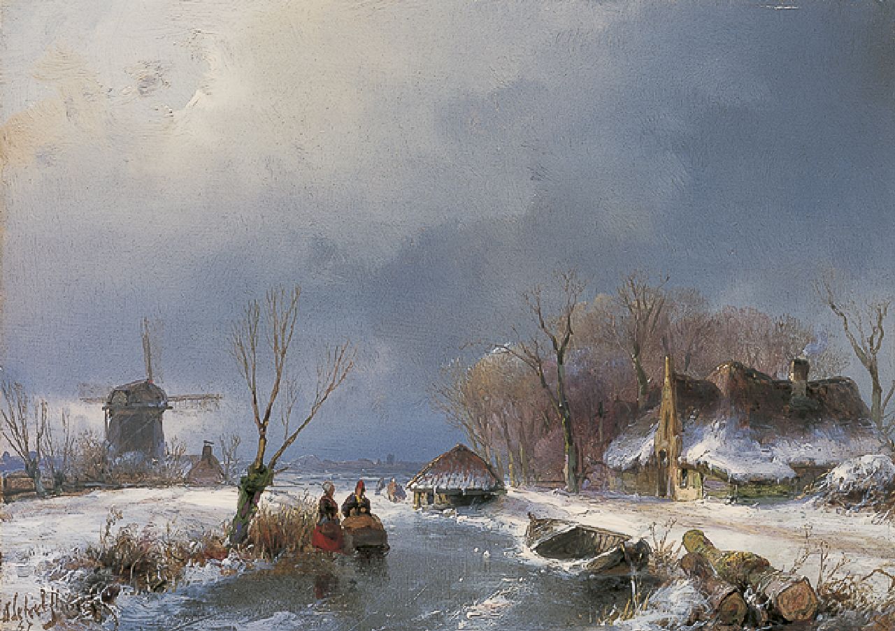 Schelfhout A.  | Andreas Schelfhout, Wintergezicht met figuren op het ijs bij een molen, olieverf op paneel 14,0 x 19,5 cm, gesigneerd linksonder en gedateerd '47