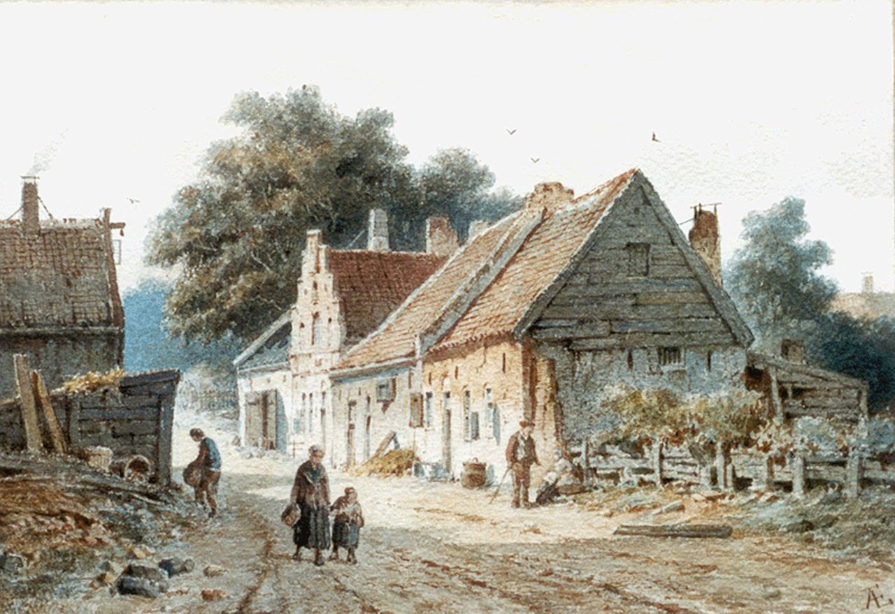Eversen A.  | Adrianus Eversen, Landweg met boerderij en figuren, bij Nijmegen, aquarel op papier 20,2 x 30,0 cm, gesigneerd rechtsonder met mon