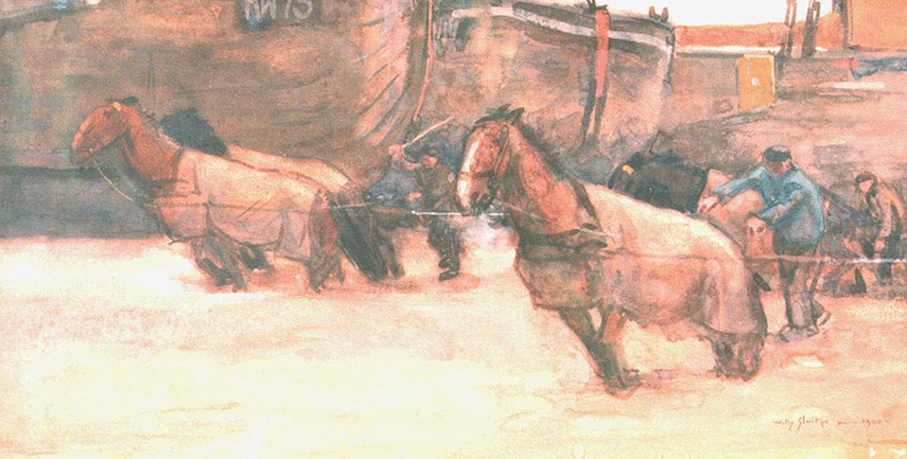 Sluiter J.W.  | Jan Willem 'Willy' Sluiter, Het binnentrekken van de bomschuiten, aquarel op papier 24,0 x 47,0 cm, gesigneerd rechtsonder en gedateerd 1900