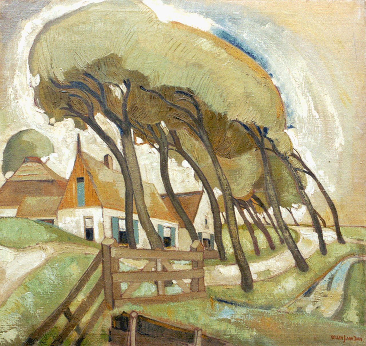 Dam W.J. van | Willem Jan van Dam, Boerderij met bomenrij, olieverf op doek 94,9 x 100,5 cm, gesigneerd rechtsonder