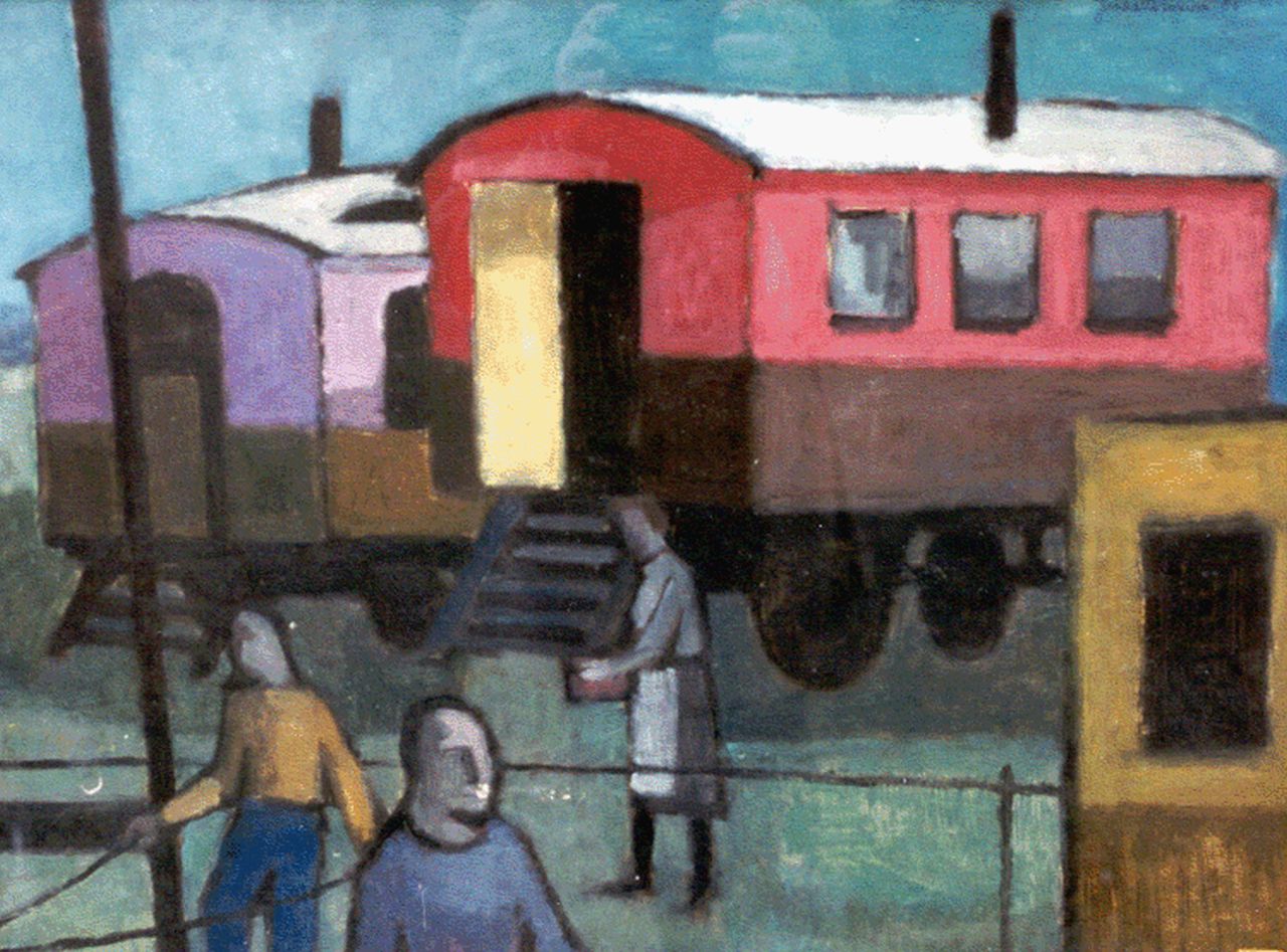 Battermann J.  | Johannes 'Jan' Battermann, Woonwagens, olieverf op paneel 49,8 x 64,7 cm, gesigneerd rechtsboven en gedateerd '55