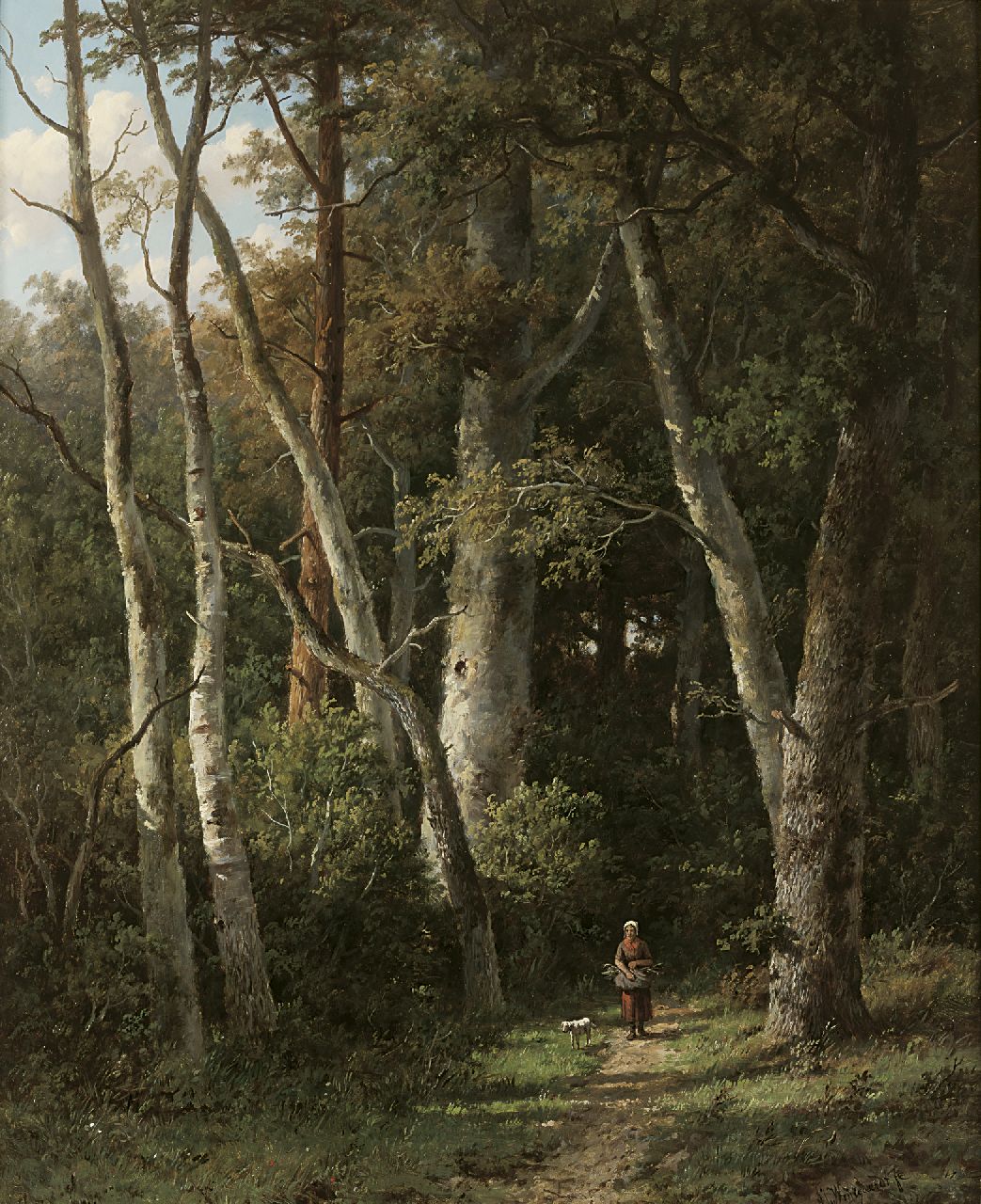 Wijngaerdt A.J. van | Anthonie Jacobus van Wijngaerdt, Houtsprokkelaarster op een bospad, olieverf op paneel 66,2 x 54,0 cm, gesigneerd rechtsonder