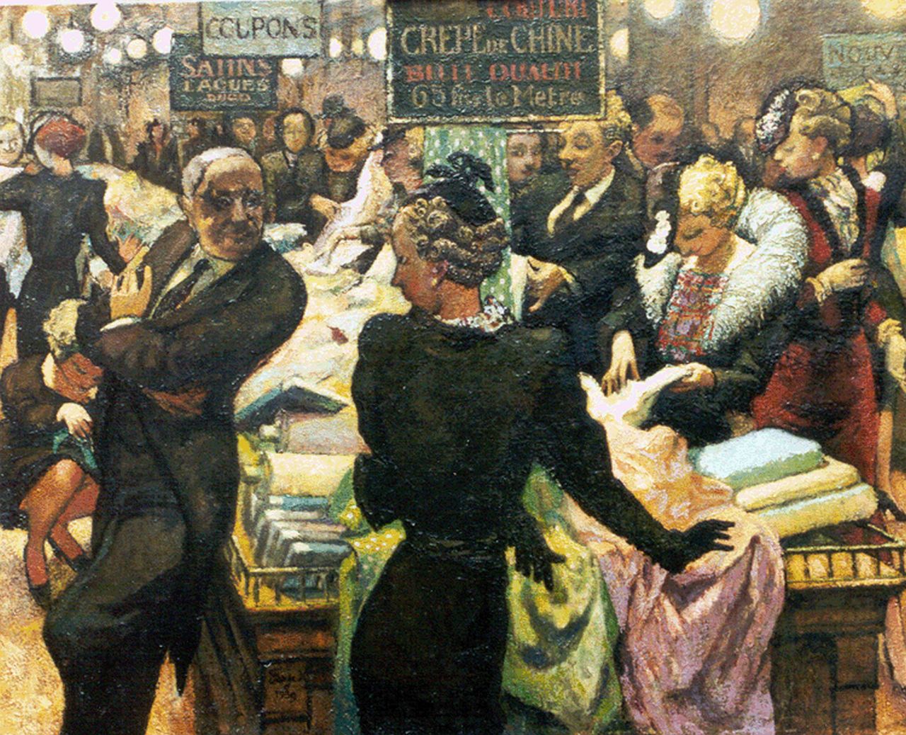 Farge P.  | Pierre Farge, Uitverkoop op de zijdeafdeling, olieverf op doek 81,5 x 100,2 cm, gesigneerd linksonder en gedateerd 1939