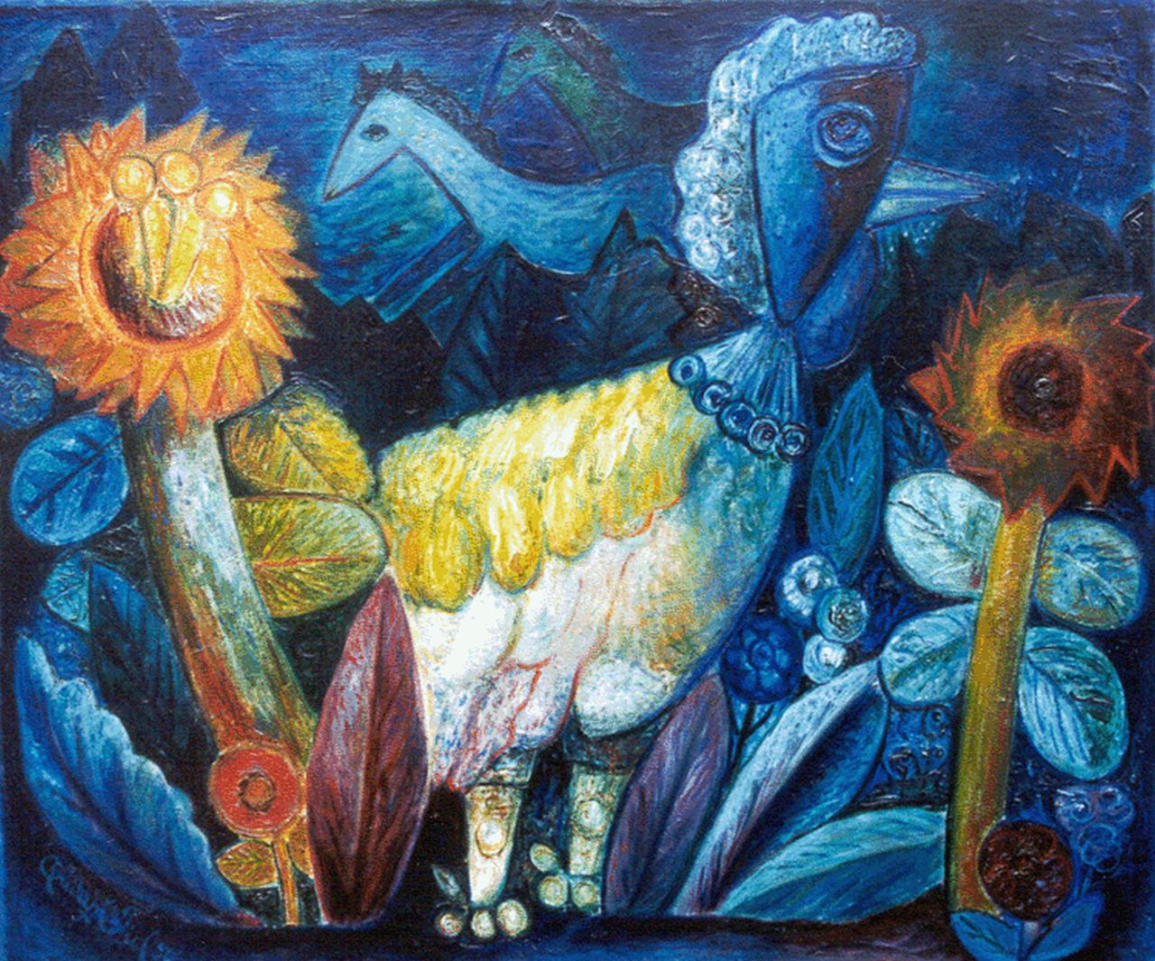 Tiel Q.M.A. van | Quirijn Martinus Adrianus 'Quiryn' van Tiel, Vogel tussen zonnebloemen, olieverf op doek 79,8 x 95,0 cm, gesigneerd linksonder en gedateerd '50