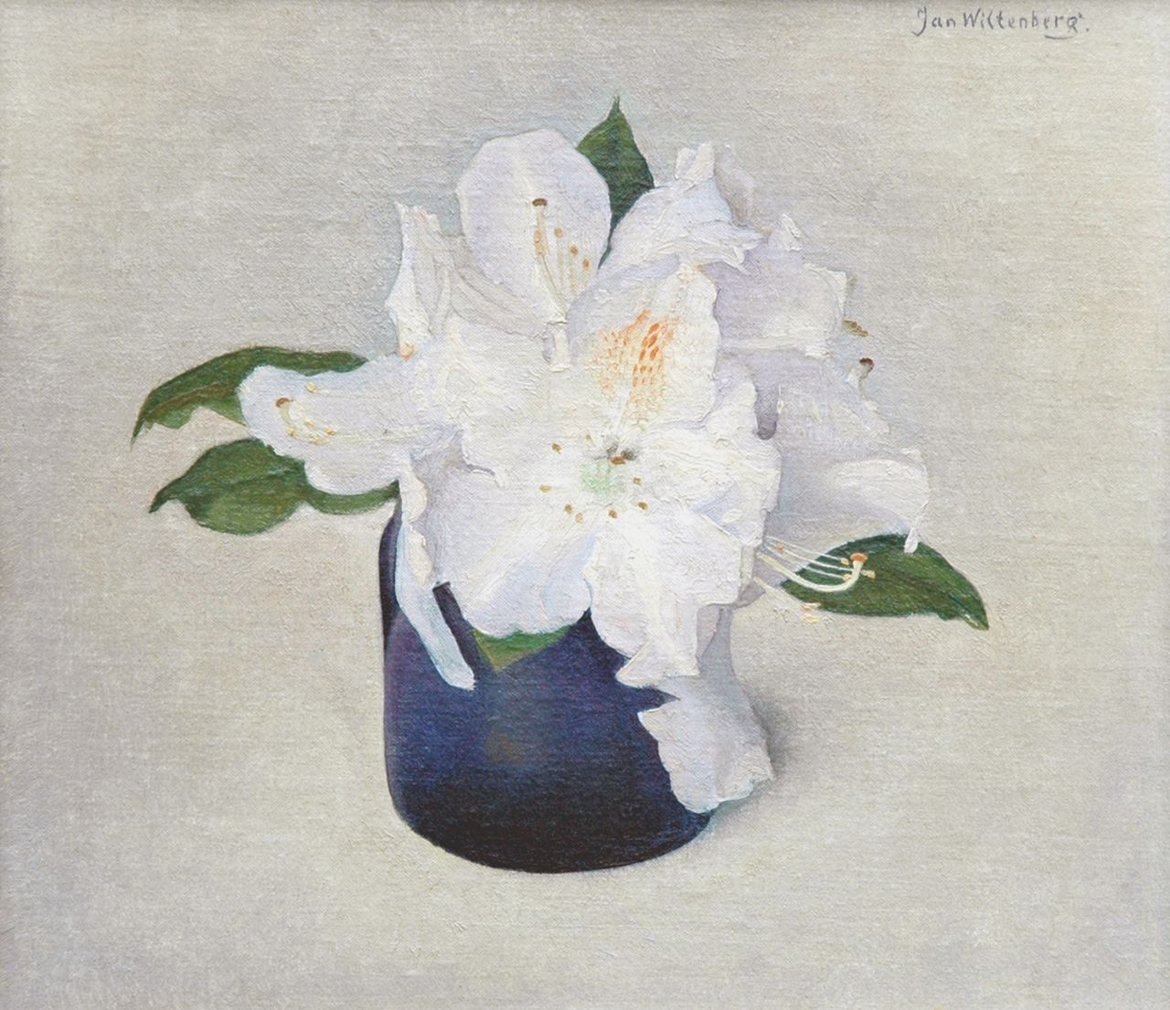 Wittenberg J.H.W.  | 'Jan' Hendrik Willem Wittenberg, Stilleven met rododendrons in een blauwe vaas, olieverf op doek op paneel 20,6 x 23,5 cm, gesigneerd rechtsboven en verso