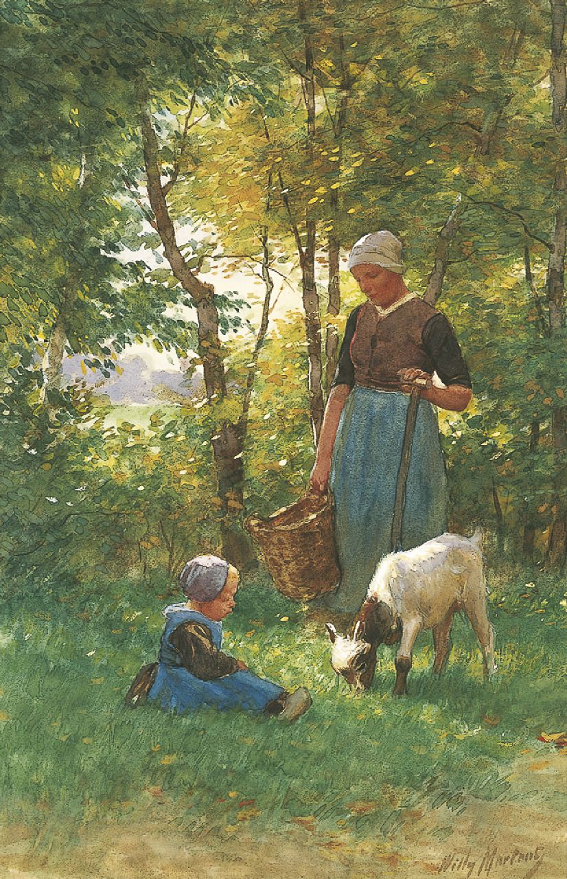 Martens W.  | Willem 'Willy' Martens, Moeder met kindje en geit in de tuin, aquarel en gouache op papier 51,0 x 34,0 cm, gesigneerd rechtsonder