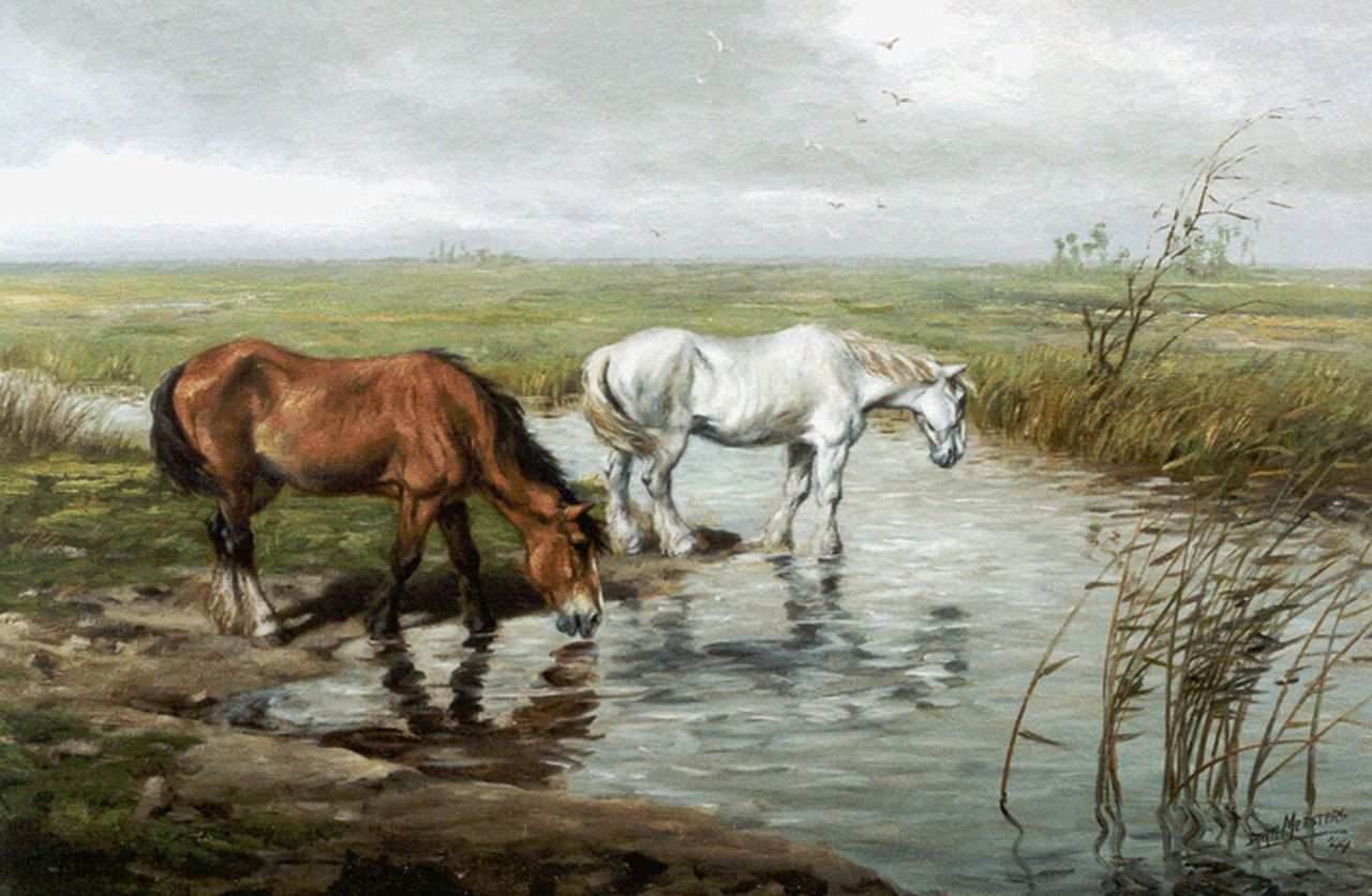 Meesters D. | Diederik 'Dirk' Meesters, Drinkende paarden, olieverf op doek 60,0 x 90,2 cm, gesigneerd rechtsonder en gedateerd '44 Meesters D. | Diederik 'Dirk' Meesters, Drinkende paarden, olieverf op doek 60,0 x 90,2 cm, gesigneerd rechtsonder en gedateerd '44