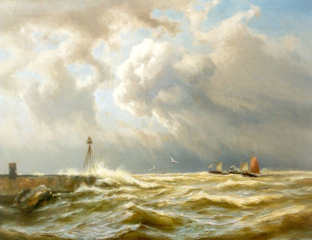 Koekkoek J.H.B.  | Johannes Hermanus Barend 'Jan H.B.' Koekkoek, Zeilschepen en een raderboot bij storm nabij IJmuiden, olieverf op doek 63,5 x 80,5 cm, gesigneerd linksonder