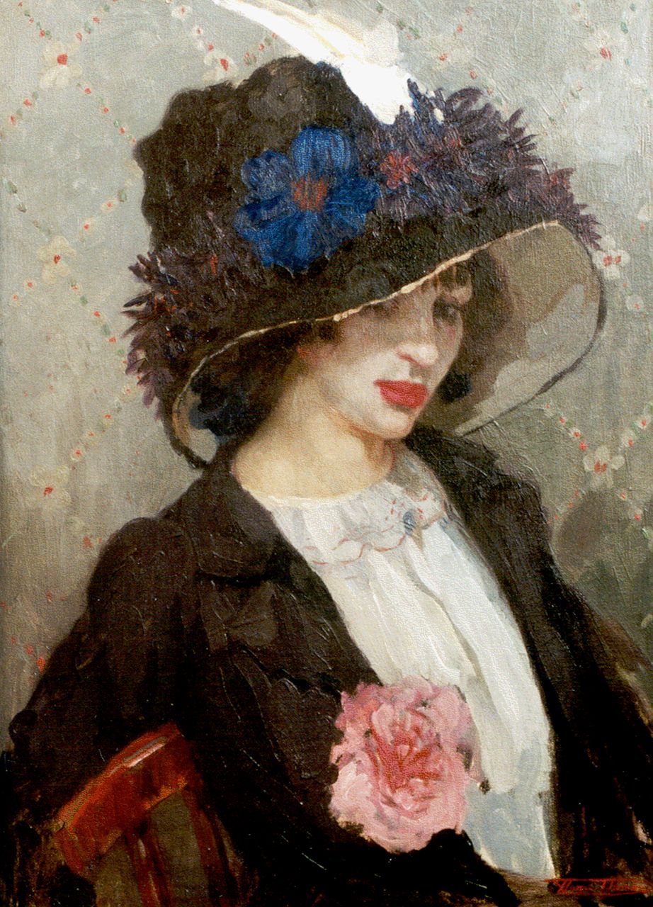 Thomas H.J.  | Henri Joseph Thomas, Jonge vrouw met hoed, olieverf op doek 70,3 x 50,8 cm, gesigneerd rechtsonder