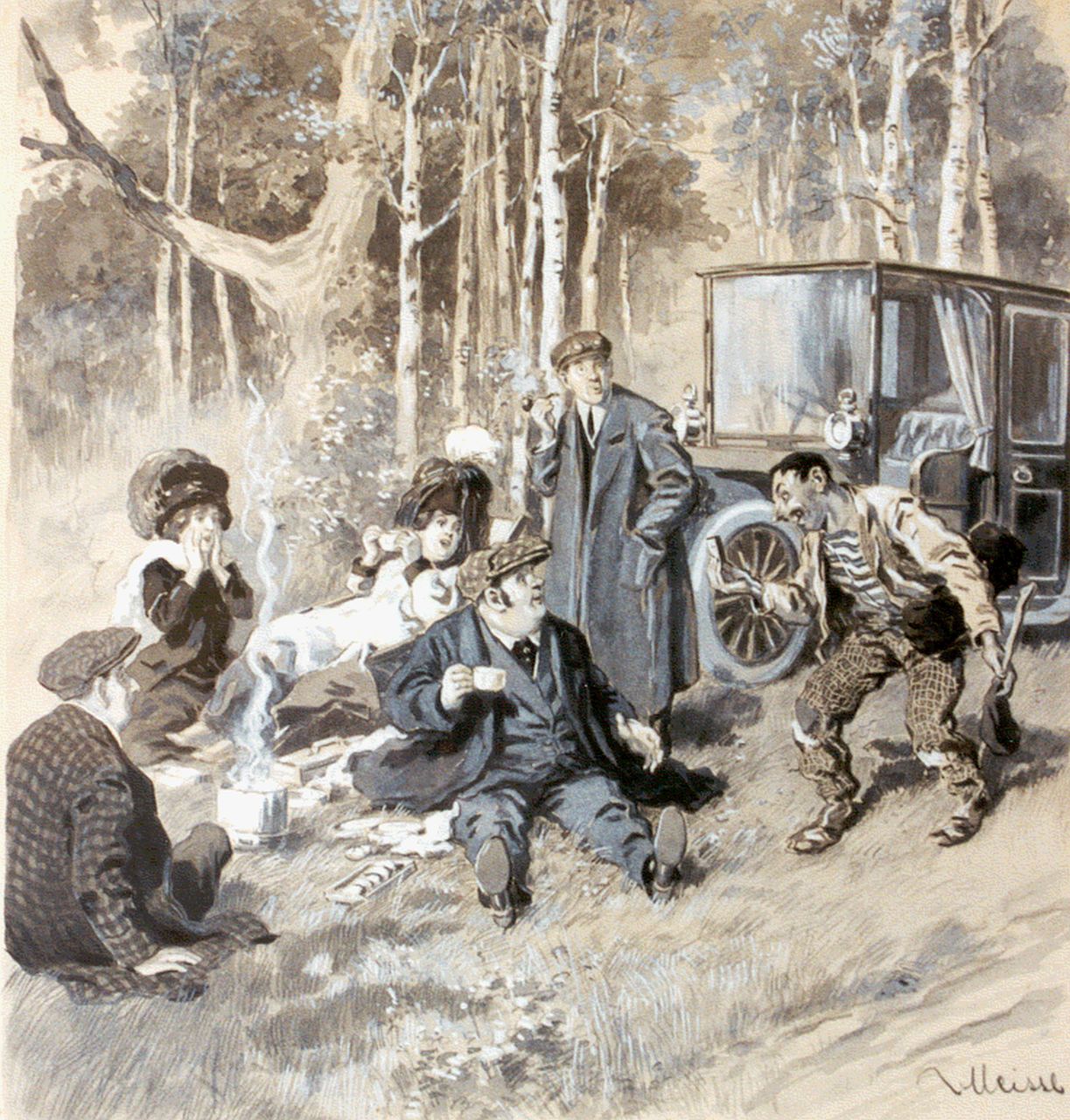Meissl A.E. Ritter von  | August Meissl, De landloper, potlood en gouache op papier 35,0 x 32,5 cm, gesigneerd rechtsonder en verso gedateerd 1910
