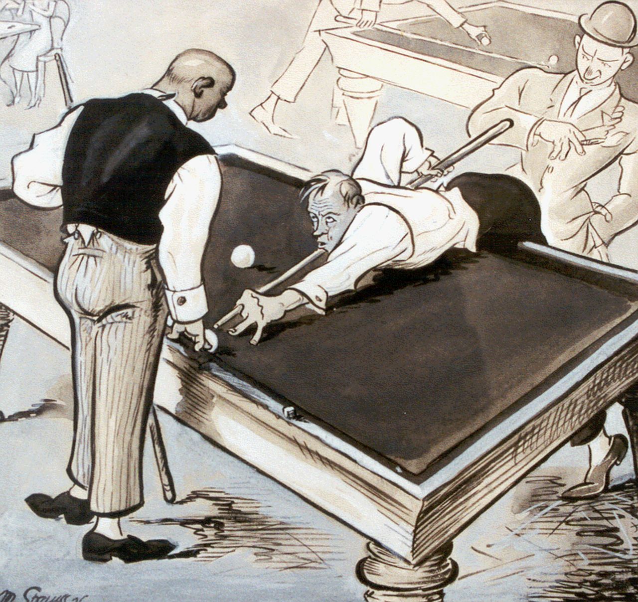 Strauss M.  | Strauss, Het biljart, gouache op papier 25,7 x 27,7 cm, gesigneerd linksonder en verso gedateerd '26