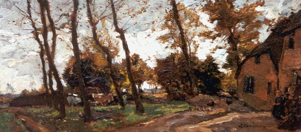 Akkeringa J.E.H.  | 'Johannes Evert' Hendrik Akkeringa, Boerderij in de herfst, olieverf op paneel 18,7 x 40,1 cm, gesigneerd rechtsonder