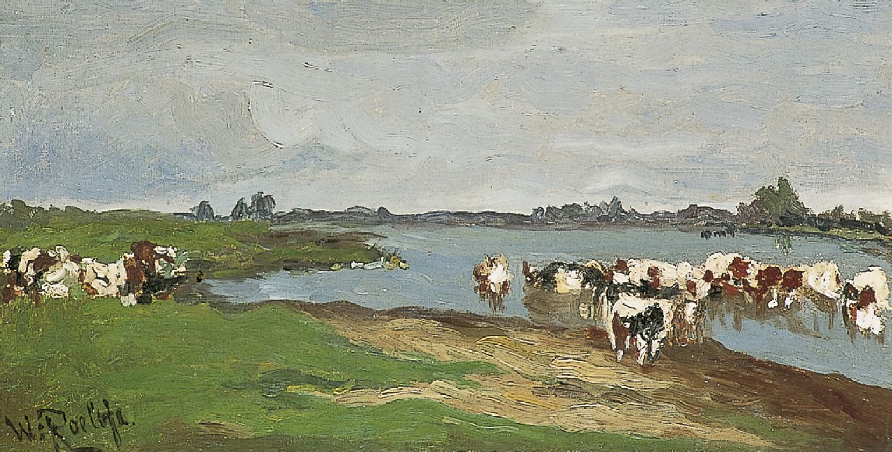 Roelofs W.  | Willem Roelofs, Koeien bij een vaart, olieverf op doek 24,0 x 44,2 cm, gesigneerd linksonder