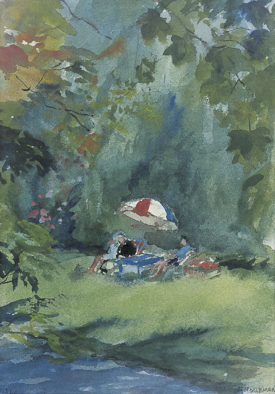 Holleman F.  | Frida Holleman, Picknick onder een parasol, aquarel op papier 31,0 x 22,0 cm, gesigneerd rechtsonder en gedateerd '63