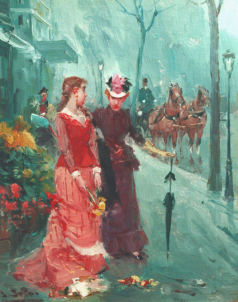 Soler J. | Juan Soler, Flanerende jonge vrouwen, olieverf op paneel 27,0 x 22,1 cm, gesigneerd linksonder Soler J. | Juan Soler, Flanerende jonge vrouwen, olieverf op paneel 27,0 x 22,1 cm, gesigneerd linksonder