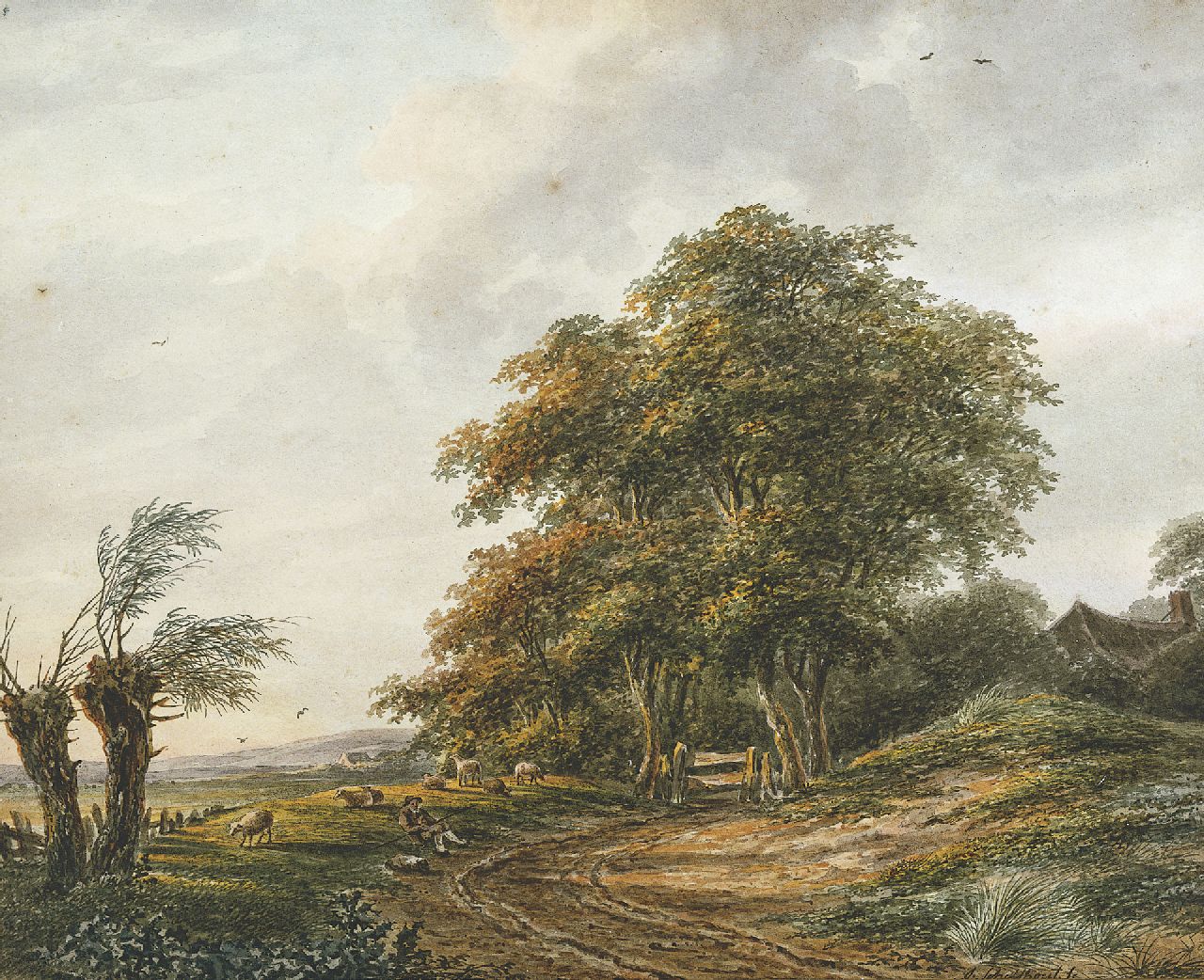 Schelfhout A.  | Andreas Schelfhout, Landschap met rustende herder, aquarel op papier 22,7 x 28,2 cm, gesigneerd rechtsonder en te dateren ca. 1810-1812