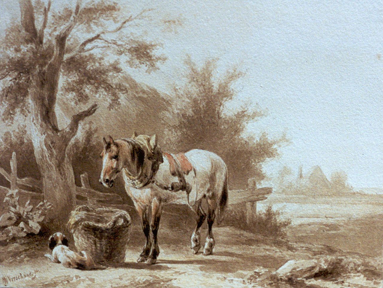 Verschuur W.  | Wouterus Verschuur, Rustend werkpaard bij mand met hooi, inkt op papier 13,7 x 18,0 cm, gesigneerd linksonder