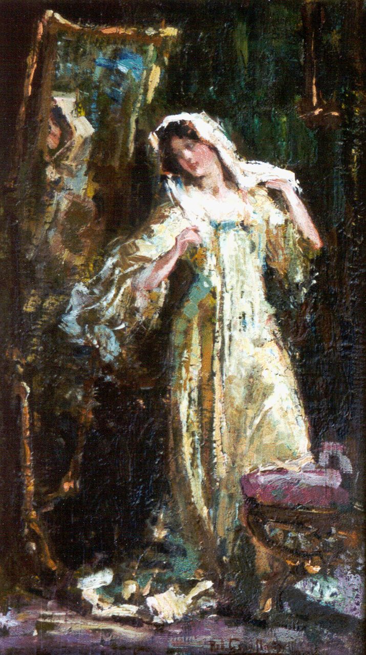 Graafland R.A.A.J.  | Robert Archibald Antonius Joan 'Rob' Graafland, Jonge vrouw bij een spiegel, olieverf op doek 36,8 x 21,5 cm, gesigneerd rechtsonder en gedateerd 1912