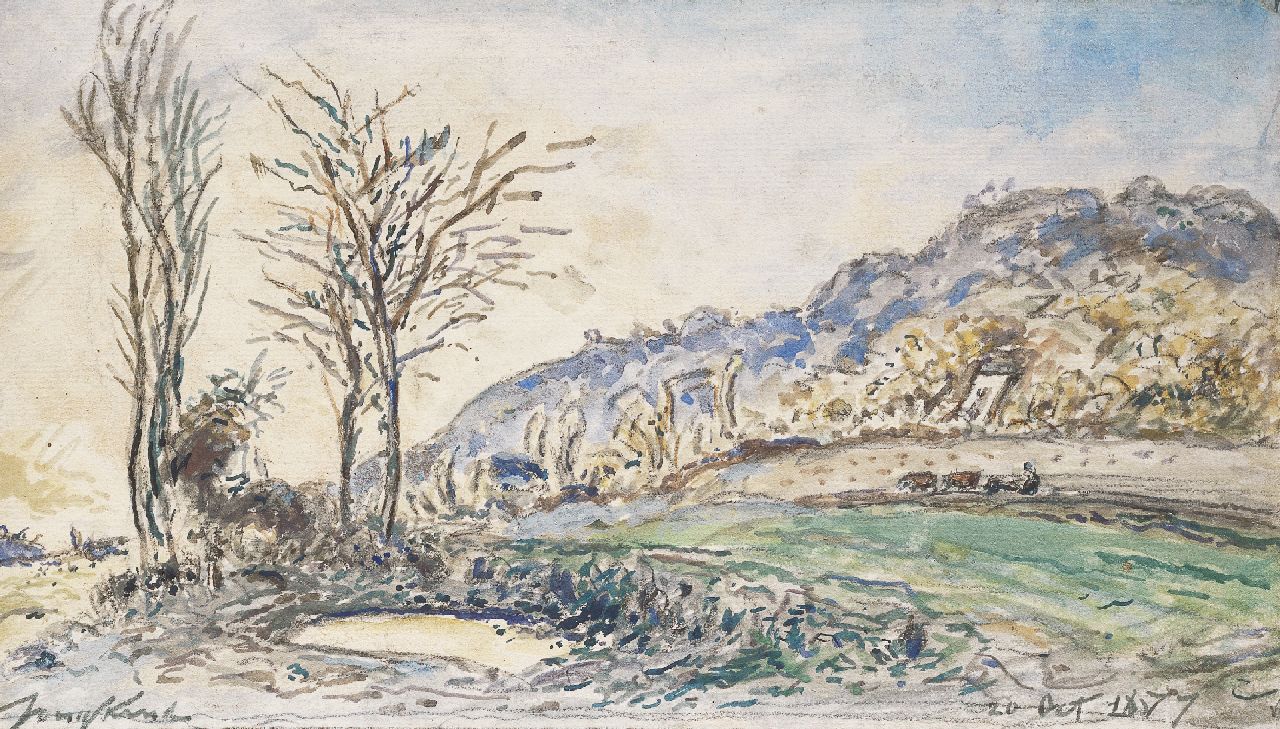 Jongkind J.B.  | Johan Barthold Jongkind, Landschap bij Grenoble, krijt en aquarel op papier 17,0 x 30,0 cm, gesigneerd linksonder en gedateerd 20 Oct. 1877