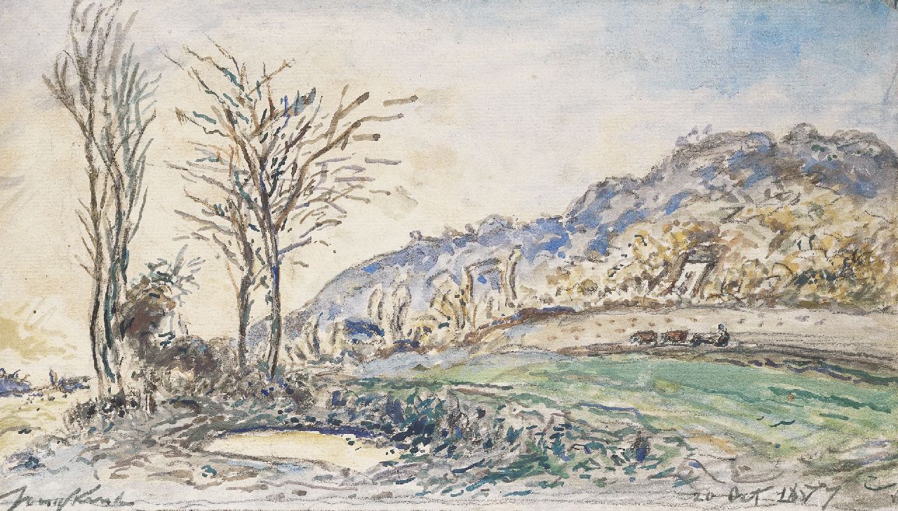 Jongkind J.B. | Johan Barthold Jongkind, Landschap bij Grenoble, krijt en aquarel op papier 17,0 x 30,0 cm, gesigneerd linksonder en gedateerd 20 Oct. 1877 Jongkind J.B. | Johan Barthold Jongkind, Landschap bij Grenoble, krijt en aquarel op papier 17,0 x 30,0 cm, gesigneerd linksonder en gedateerd 20 Oct. 1877