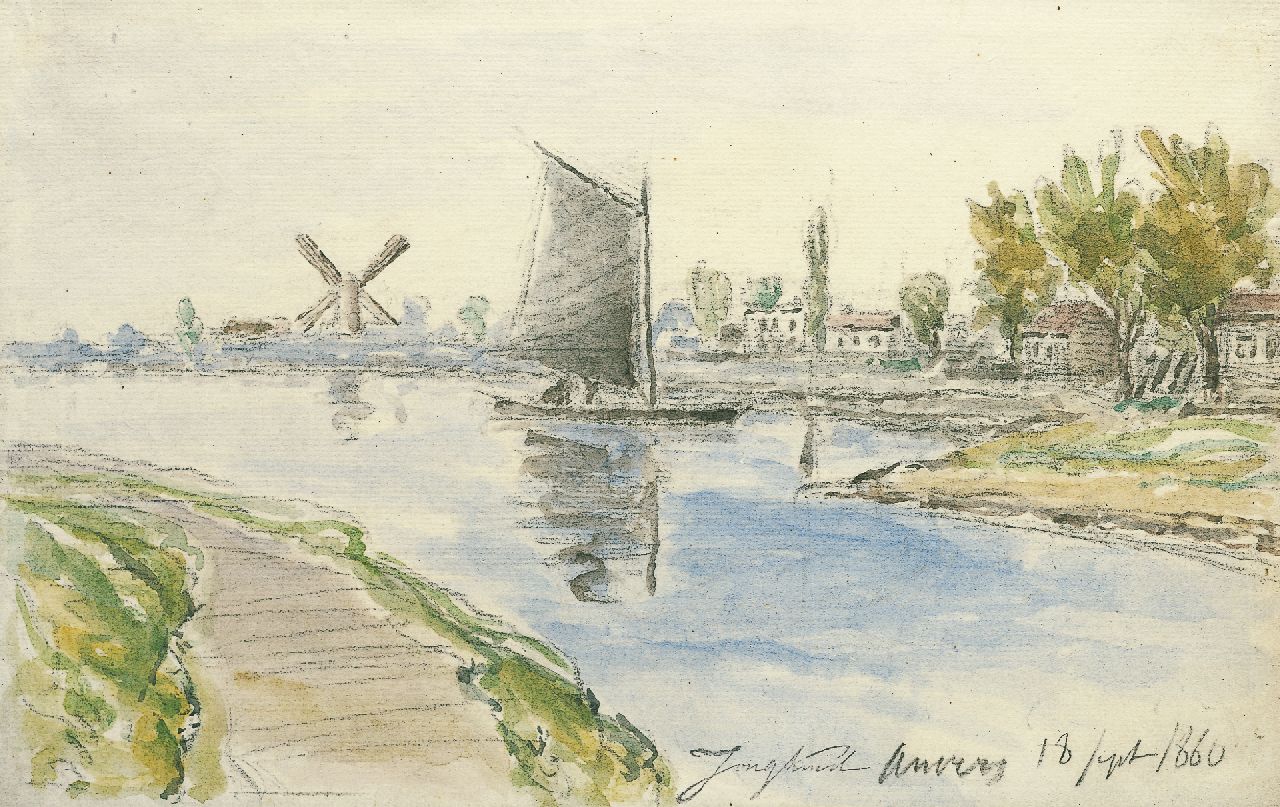 Jongkind J.B.  | Johan Barthold Jongkind, Rivierlandschap met molen en zeilboot bij Antwerpen, krijt en aquarel op papier 20,0 x 30,0 cm, gesigneerd rechtsonder met naamstempel en gedateerd 1860