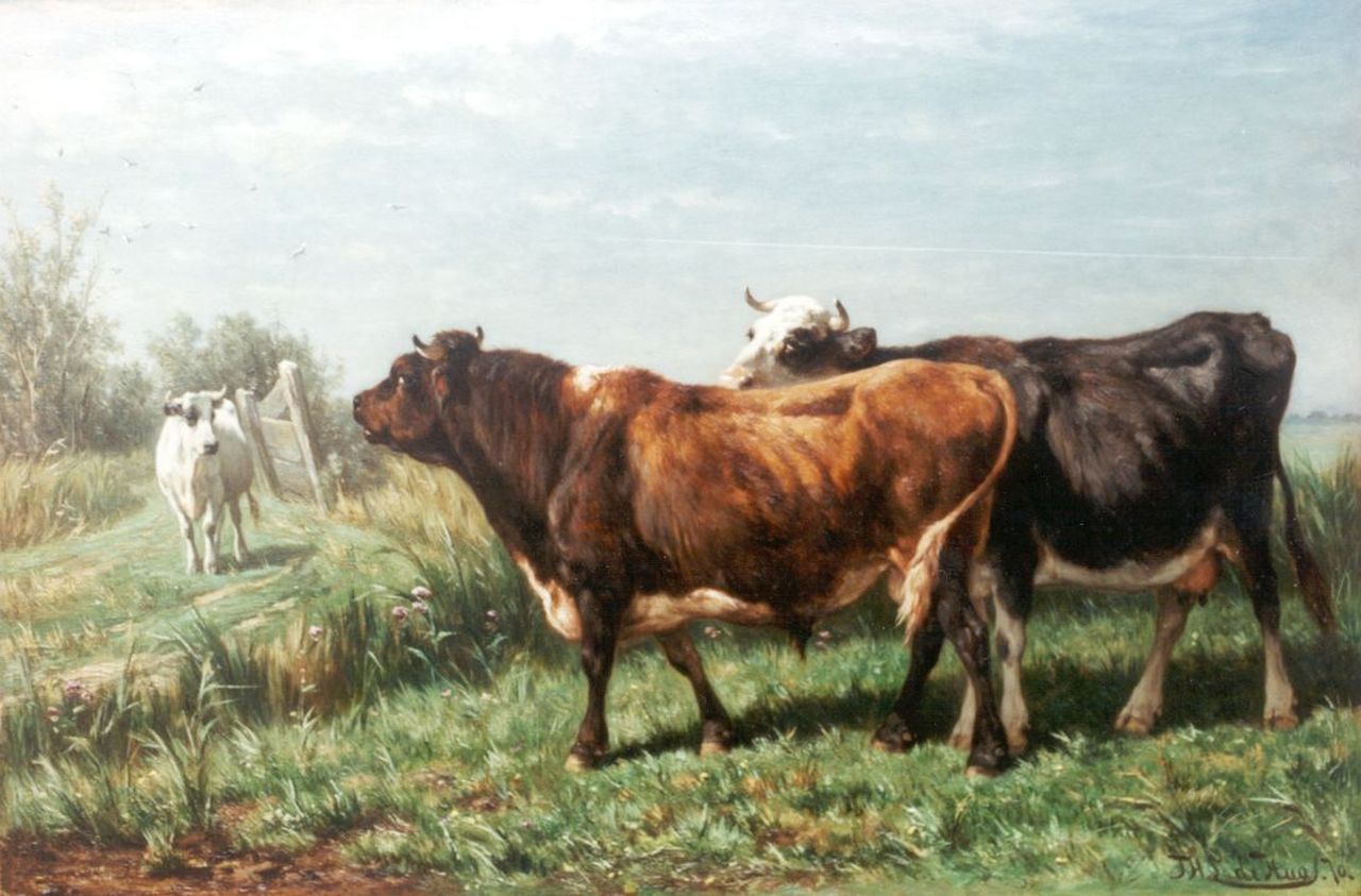 Haas J.H.L. de | Johannes Hubertus Leonardus de Haas, Weide met vee, olieverf op paneel 36,8 x 55,1 cm, gesigneerd rechtsonder en r.o. en verso gedateerd 1870