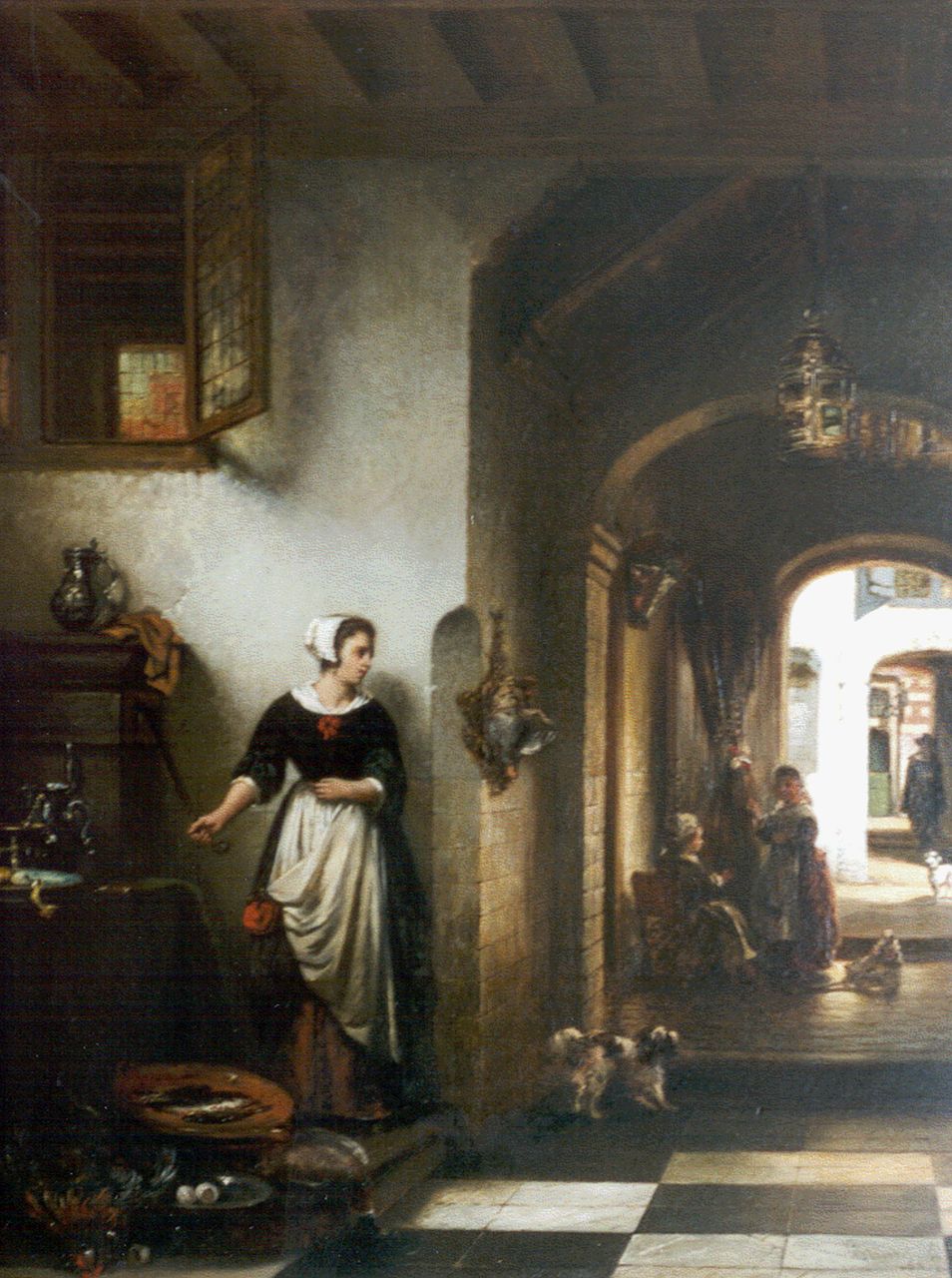Stroebel J.A.B.  | Johannes Anthonie Balthasar Stroebel, Hollands interieur met figuren, olieverf op paneel 54,7 x 41,9 cm, gesigneerd rechtsonder en gedateerd '66
