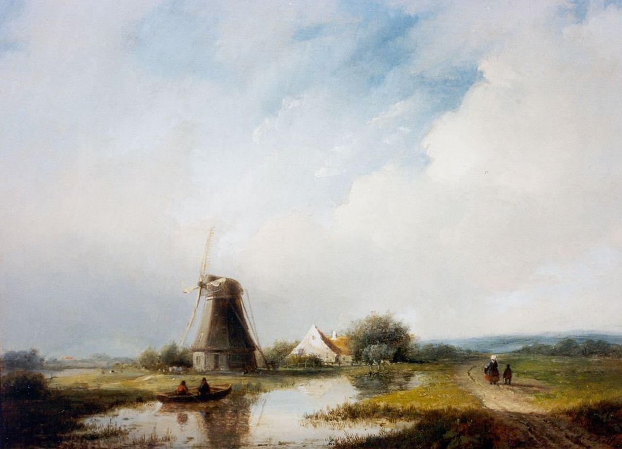 Spohler J.J.  | Jan Jacob Spohler, Landschap met molen aan een vaart, olieverf op paneel 30,5 x 39,8 cm, gesigneerd rechtsonder