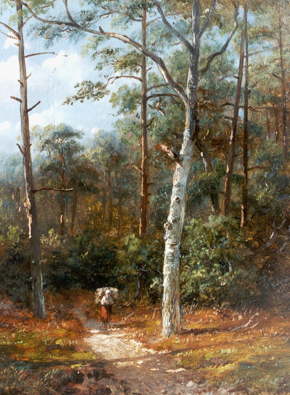 Wijngaerdt A.J. van | Anthonie Jacobus van Wijngaerdt, Houtsprokkelaarster in het bos, olieverf op paneel 19,5 x 15,3 cm, gesigneerd rechtsonder