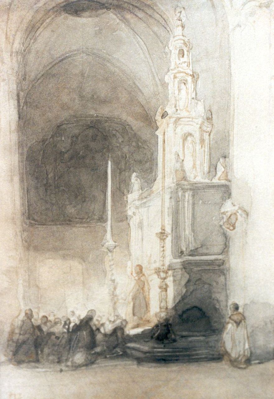Bosboom J.  | Johannes Bosboom, Bij het altaar, aquarel op papier 14,5 x 10,5 cm, gesigneerd linksonder